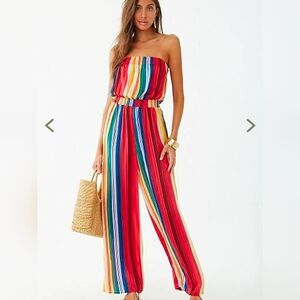 Forever 21 NEW Rainbow Striped Strapless Wide Leg Jumpsuit - Small